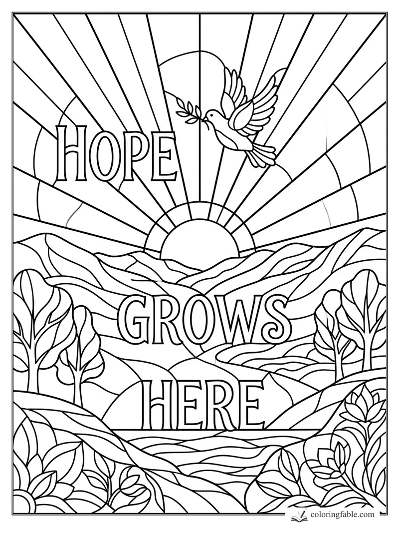 Stained-glass coloring page with “Hope Grows Here,” a dove, sunrise rays, mountains, trees, and leaves.