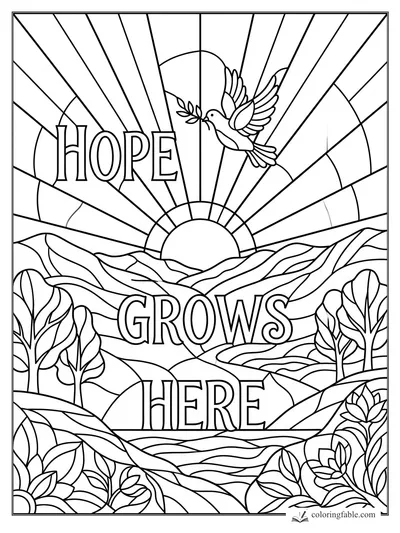 Stained-glass coloring page with “Hope Grows Here,” a dove, sunrise rays, mountains, trees, and leaves.