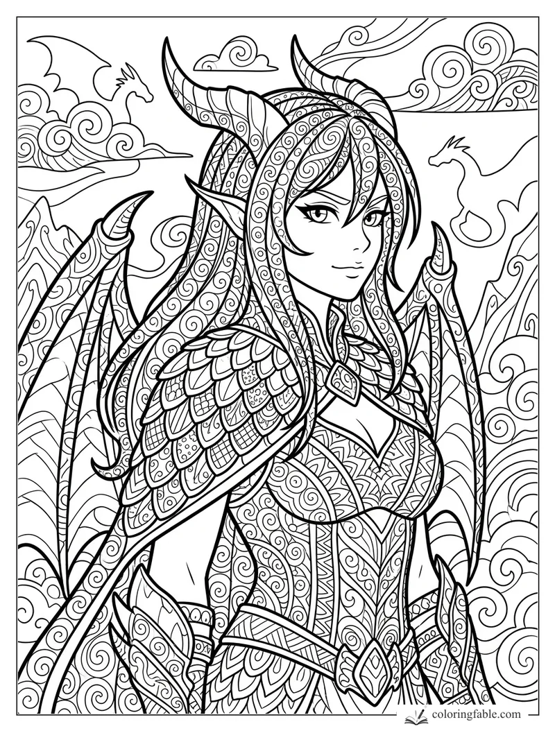 Intricate anime dragon guardian with horns, pointed ears, scale armor, wings, clouds, and tiny dragon silhouettes