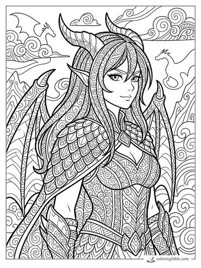 Intricate anime dragon guardian with horns, pointed ears, scale armor, wings, clouds, and tiny dragon silhouettes
