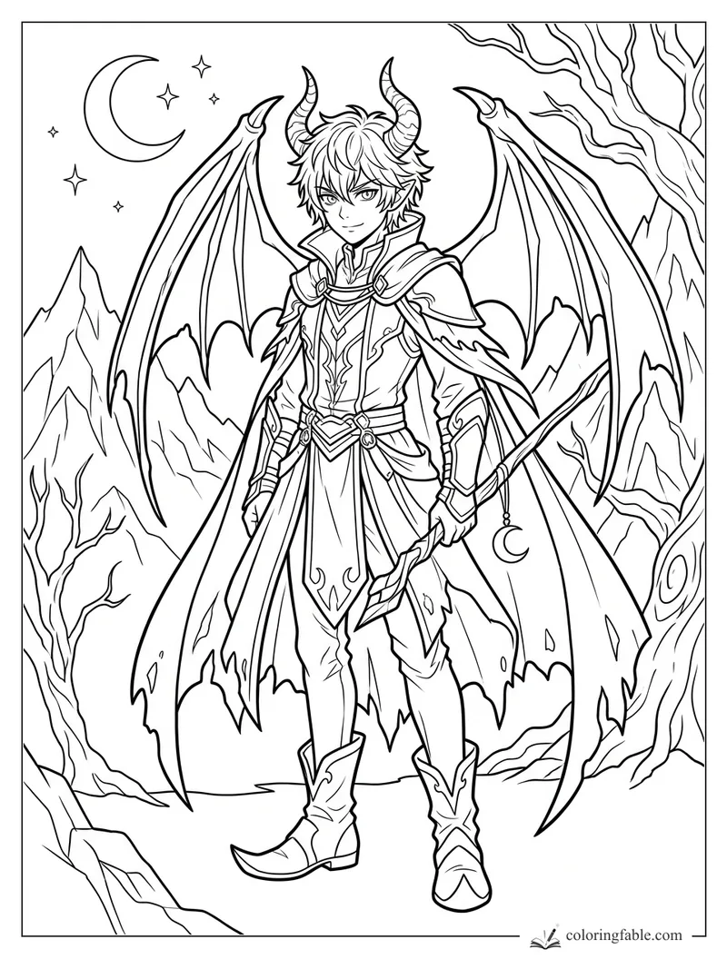Horned anime dragon prince with wide wings, crescent staff, mountains, bare trees, and stars