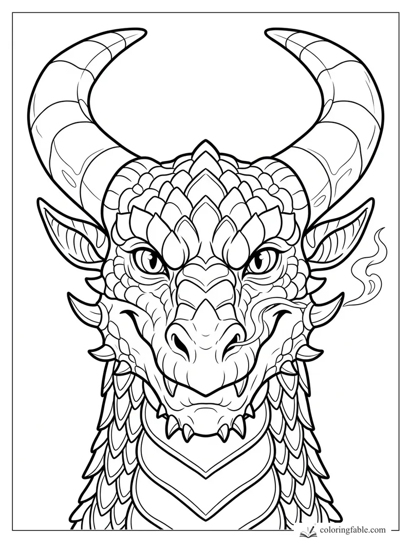 Detailed dragon face with huge curved horns, pointed ears, smoke curls, fangs, and layered scales.