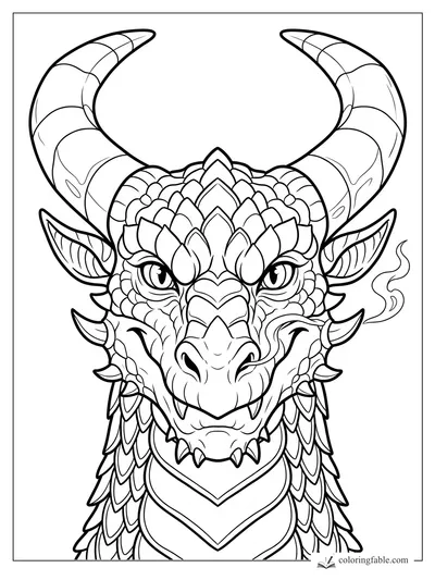 Detailed dragon face with huge curved horns, pointed ears, smoke curls, fangs, and layered scales.
