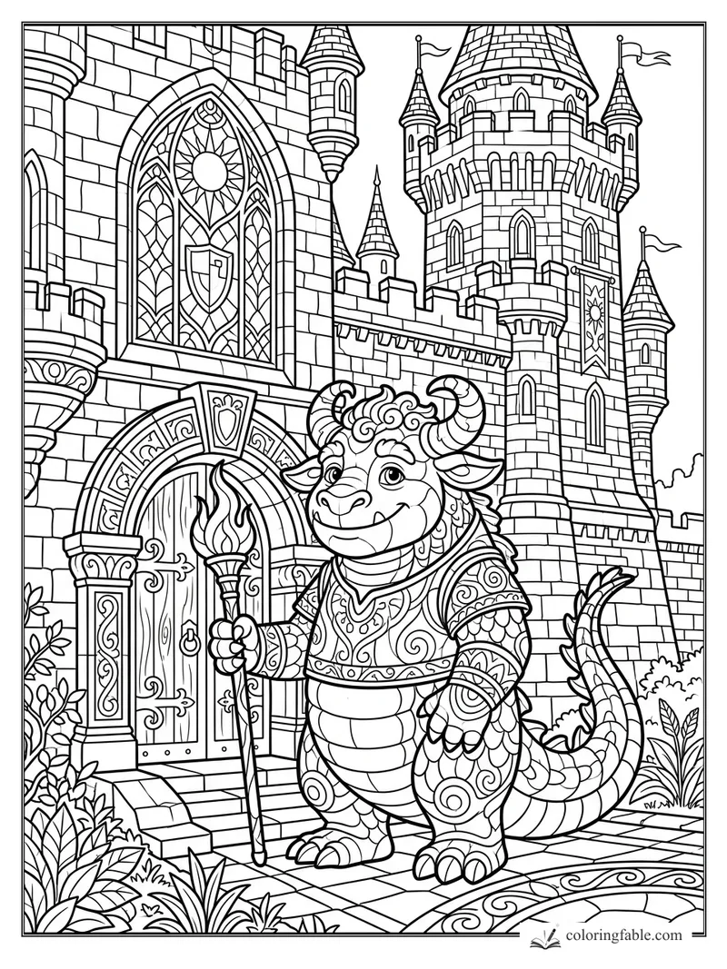 Cute horned monster holding a torch before an ornate stained-glass castle entrance