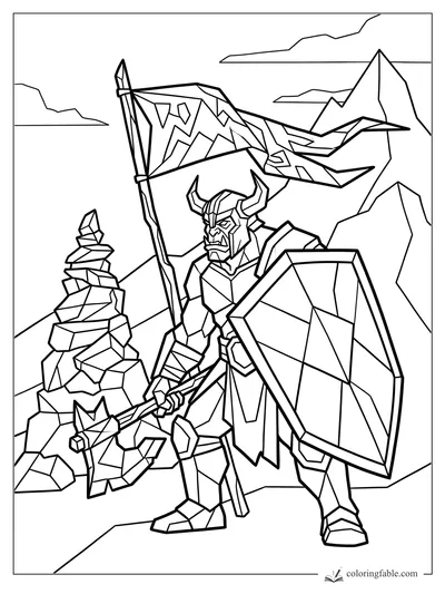 Cubist horned warrior holding an axe, shield, and torn banner beside a stone cairn in the mountains