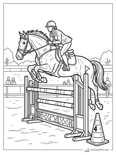 Horse and helmeted rider jumping over striped rails at cone 4 in a show arena