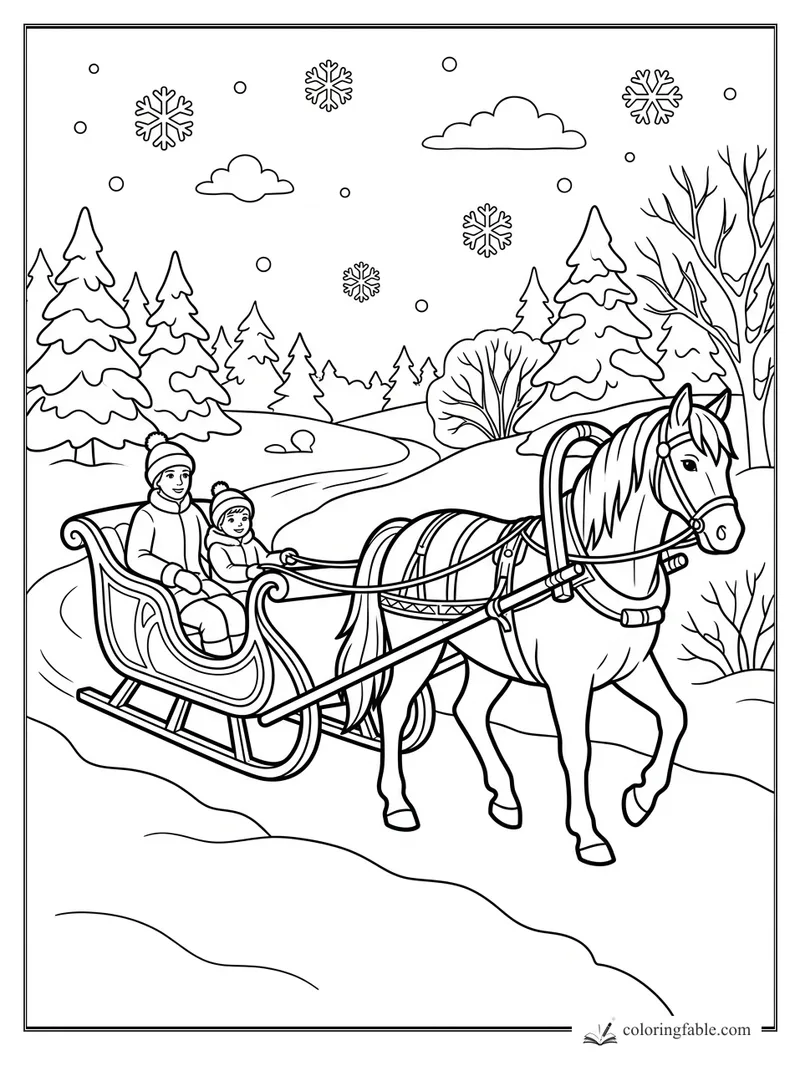 Horse pulling a sleigh with two riders through snowy pine woods as large snowflakes fall