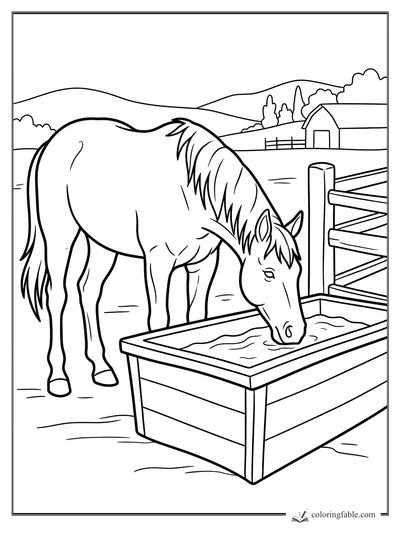 Easy horse coloring page with a horse drinking from a wooden trough by a fence, barn, trees, and hills.