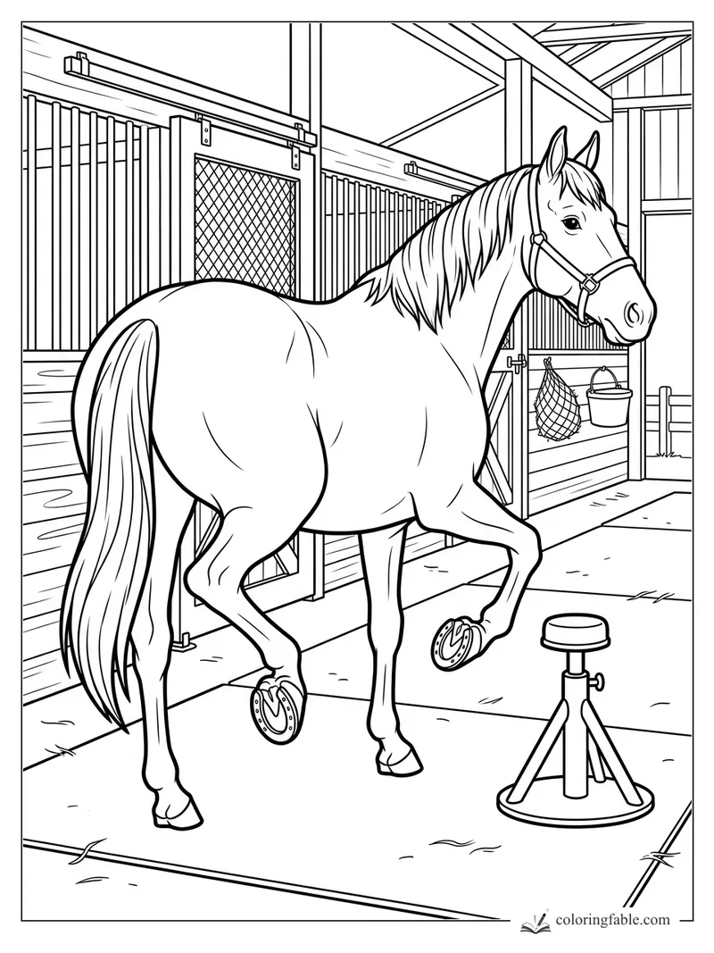 Horse in a halter lifts one horseshoed hoof beside a stool in a stable aisle