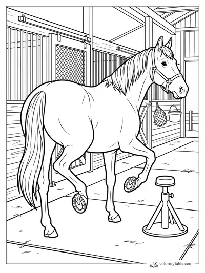 Horse in a halter lifts one horseshoed hoof beside a stool in a stable aisle