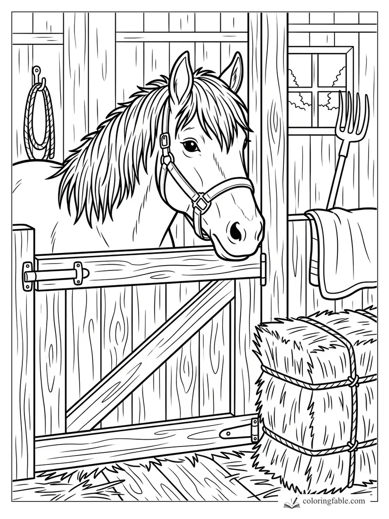 Horse wearing a halter peeks over a wooden stable door with hay bales, rope, fork, and window nearby.