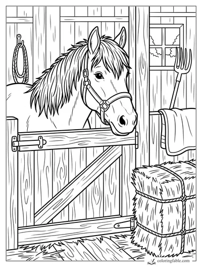Horse wearing a halter peeks over a wooden stable door with hay bales, rope, fork, and window nearby.
