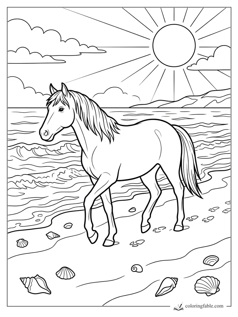 Horse trotting on a shell-covered beach with ocean waves, clouds, distant hills, and a bright sun.