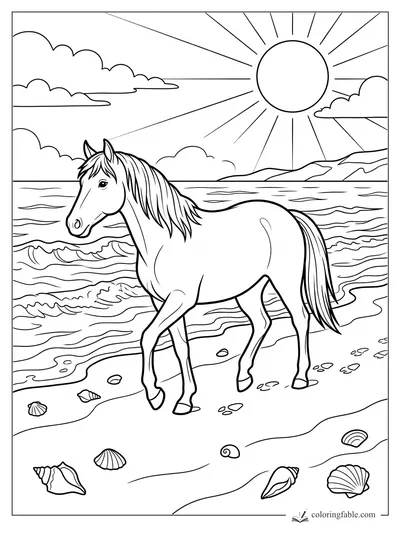 Horse trotting on a shell-covered beach with ocean waves, clouds, distant hills, and a bright sun.