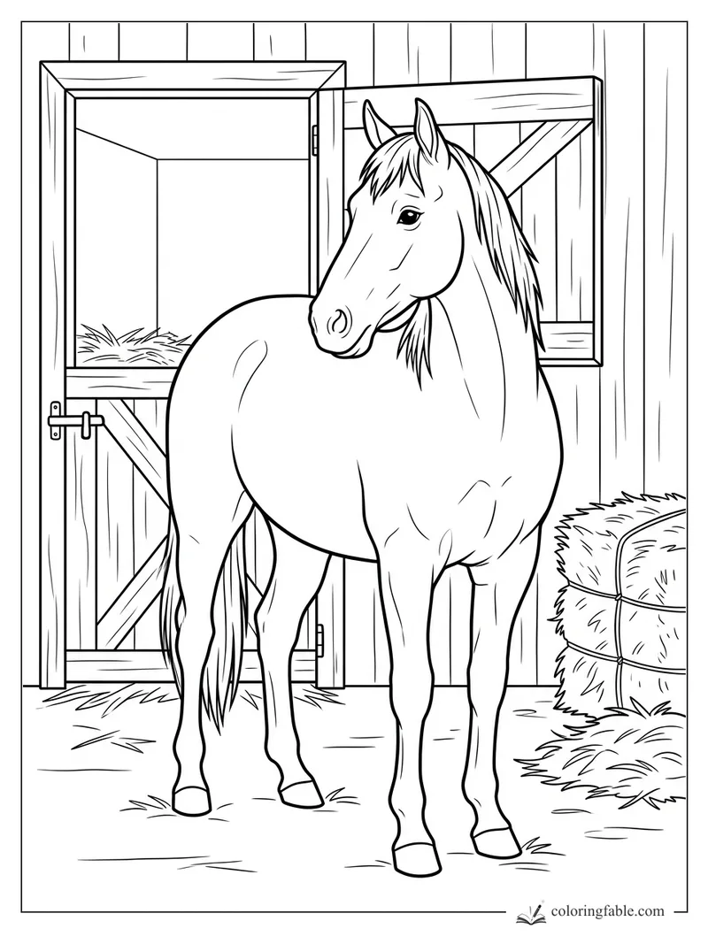 Realistic horse coloring page with open barn stall, wooden boards, latch, straw, and hay bales.