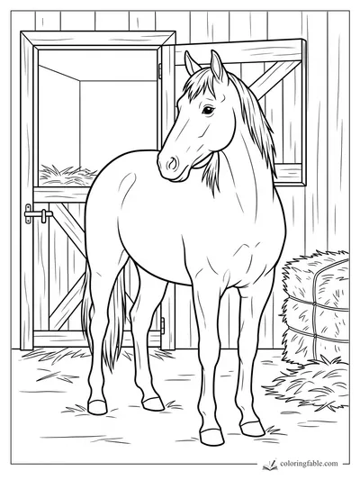 Realistic horse coloring page with open barn stall, wooden boards, latch, straw, and hay bales.