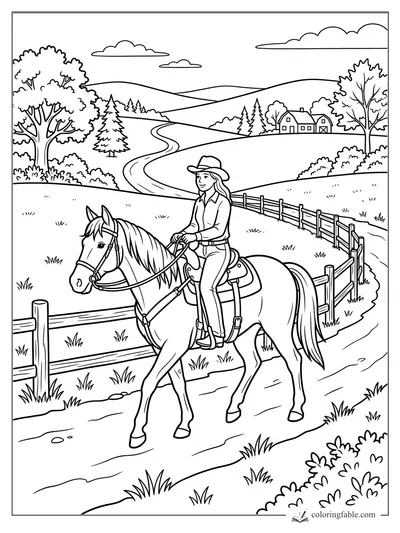 Cowgirl riding a saddled horse on a fenced country trail with rolling hills and a farmhouse