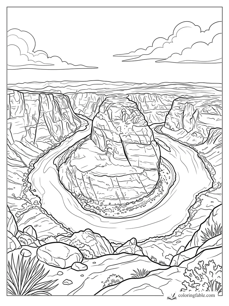 Realistic canyon coloring page with a horseshoe river bend, cliffs, desert plants, rocks, and clouds.