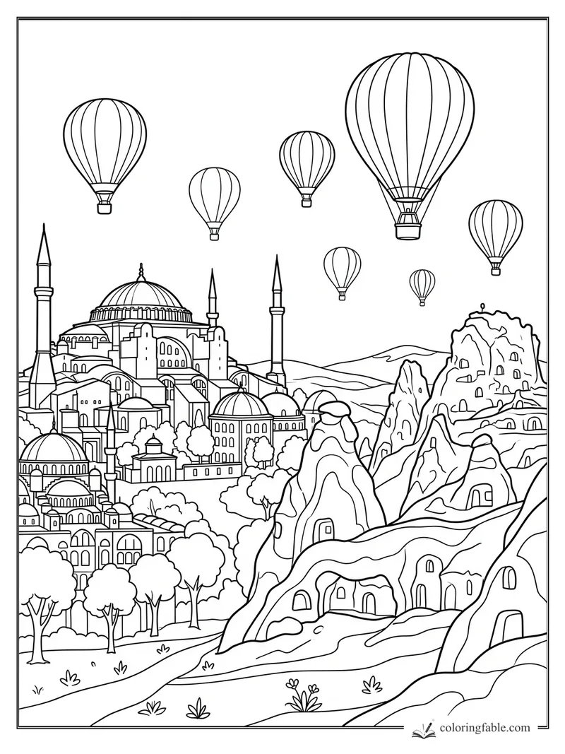 Hot air balloons above Turkish domes, minarets, and Cappadocia cave hills coloring page