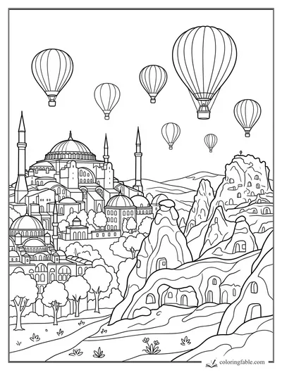 Hot air balloons above Turkish domes, minarets, and Cappadocia cave hills coloring page