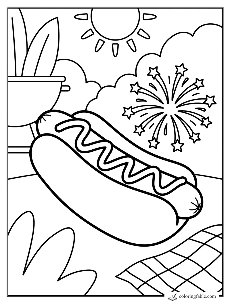 Easy hot dog coloring page with mustard, picnic blanket, potted plant, sun, clouds, and star fireworks