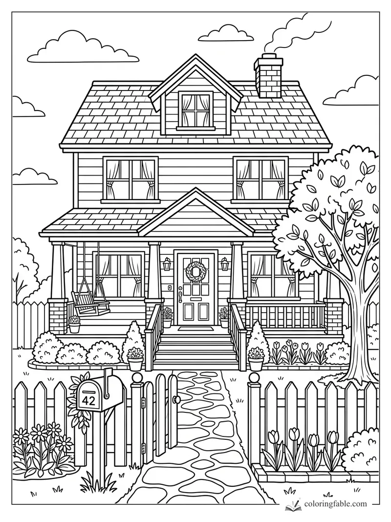 Coloring page of house 42 with porch swing, picket fence, mailbox, tree, flowers, and smoking chimney