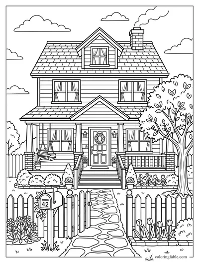 Coloring page of house 42 with porch swing, picket fence, mailbox, tree, flowers, and smoking chimney