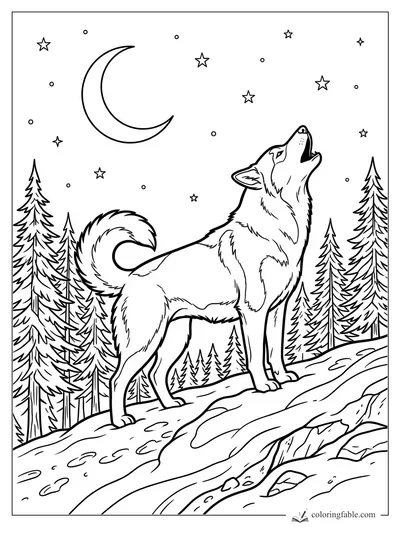 Husky howling on a snowy ridge under a crescent moon, stars, and tall pine trees.