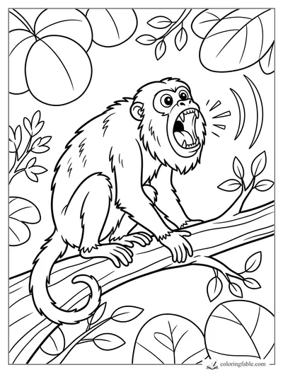 Cartoon monkey howling on a branch with wide eyes, sharp teeth, sound lines, and big jungle leaves.