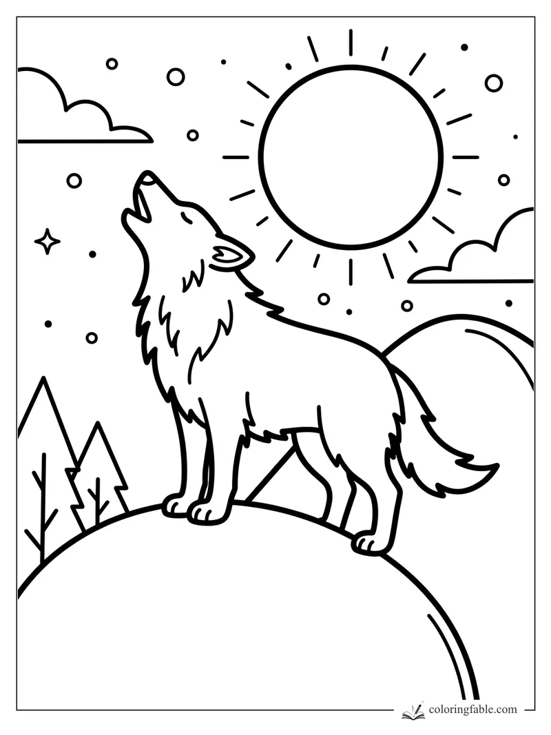 Easy wolf coloring page with a howling wolf on a hill under a bright moon, stars, clouds, and pine trees.
