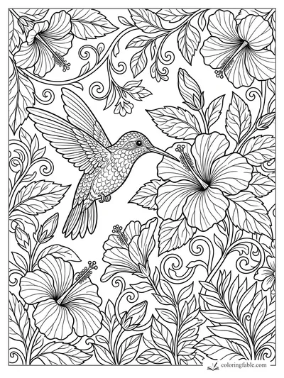 Intricate hummingbird sipping from a hibiscus flower amid curling vines and leaves