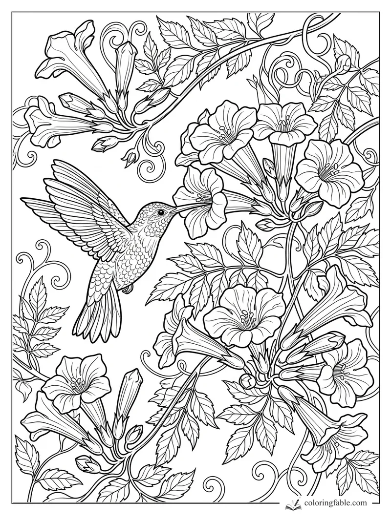 Intricate hummingbird sipping from trumpet vine flowers with curling stems and serrated leaves