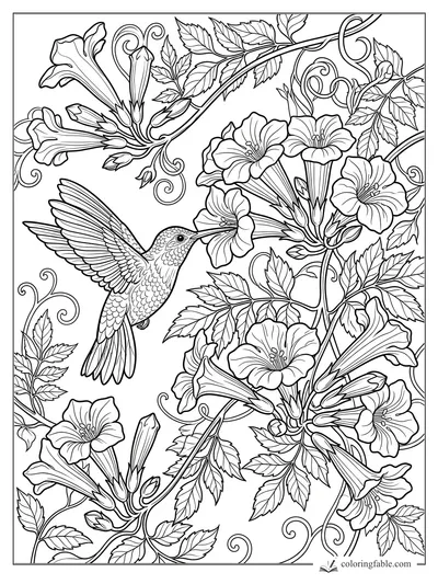 Intricate hummingbird sipping from trumpet vine flowers with curling stems and serrated leaves