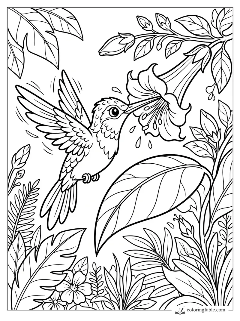 Cartoon hummingbird sipping from a trumpet flower among tropical leaves and buds
