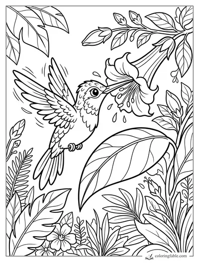 Cartoon hummingbird sipping from a trumpet flower among tropical leaves and buds