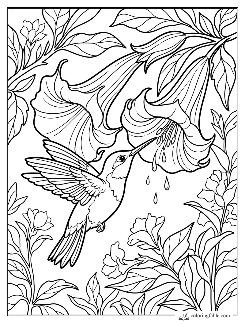 Realistic hummingbird sipping from hanging trumpet flowers with leaves, blossoms, and nectar drops