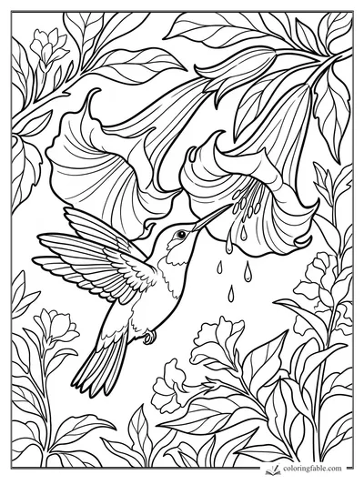 Realistic hummingbird sipping from hanging trumpet flowers with leaves, blossoms, and nectar drops
