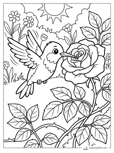 Cartoon hummingbird sipping from a large rose with leafy stems, daisies, bushes, and sun