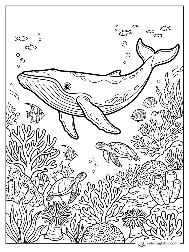 Humpback whale swimming above coral, sea turtles, tropical fish, bubbles, and sea plants coloring page
