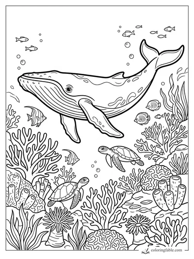 Humpback whale swimming above coral, sea turtles, tropical fish, bubbles, and sea plants coloring page