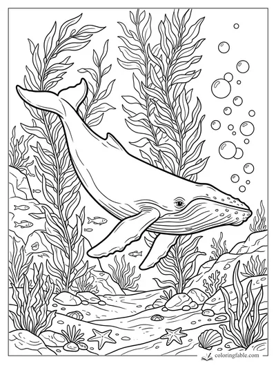 Humpback whale swimming through tall kelp, bubbles, fish, rocks, shells, and starfish underwater