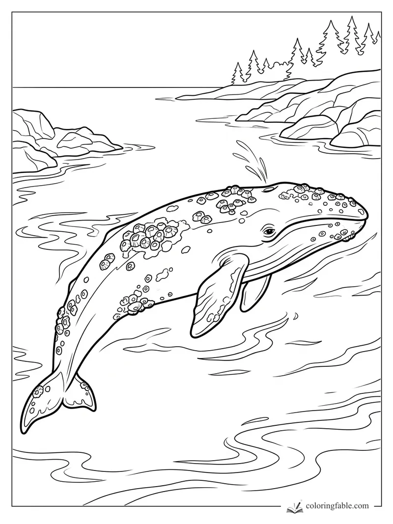 Realistic humpback whale surfacing in a rocky pine cove with barnacles and a small spout