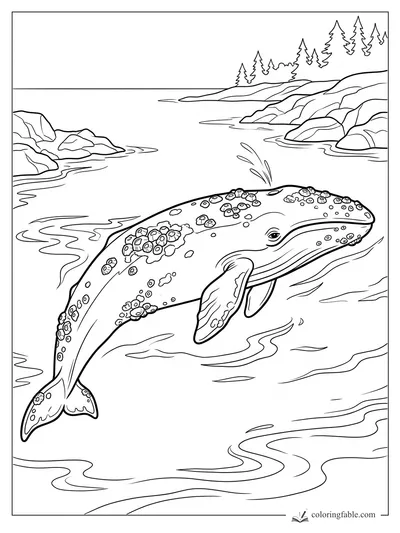 Realistic humpback whale surfacing in a rocky pine cove with barnacles and a small spout