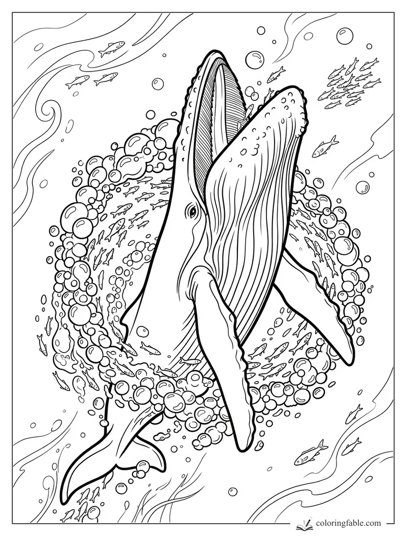 Humpback whale swimming through a bubble ring with small fish and swirling ocean currents