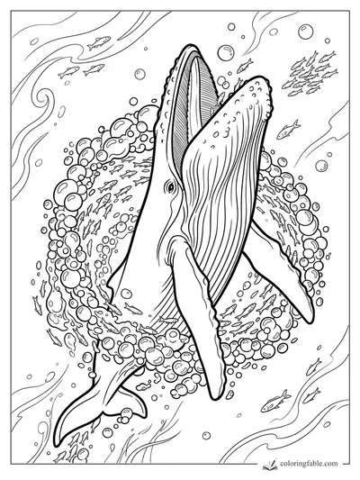 Humpback whale swimming through a bubble ring with small fish and swirling ocean currents