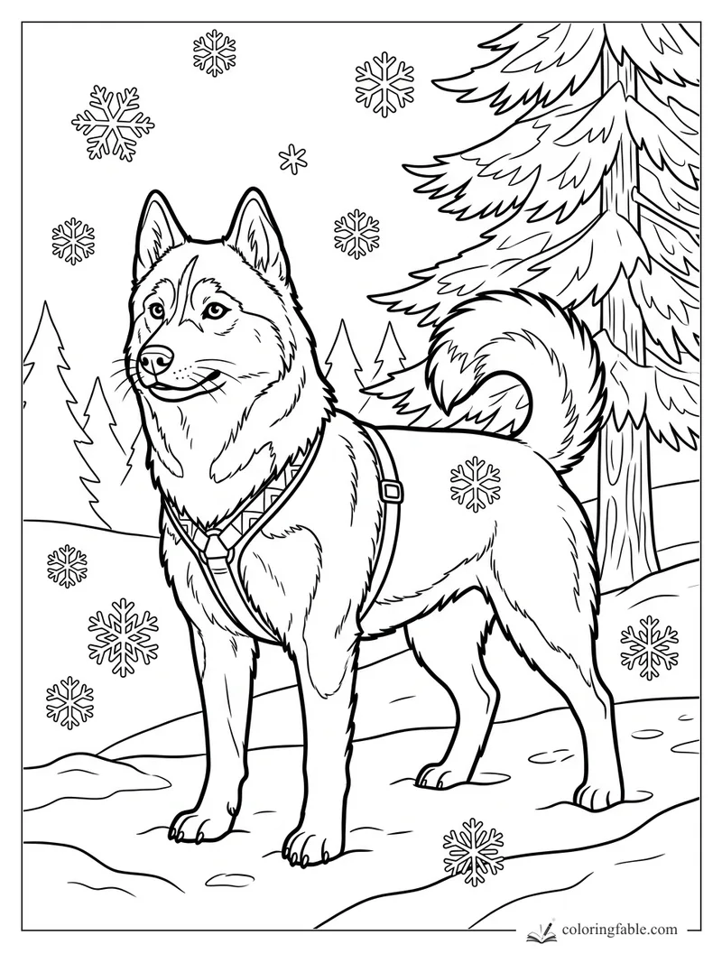 Realistic husky wearing a harness among pine trees and falling snowflakes