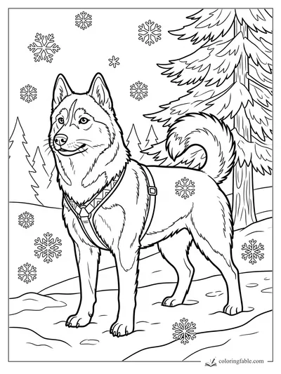 Realistic husky wearing a harness among pine trees and falling snowflakes