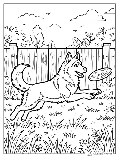 Cartoon husky leaping after a flying disc in a fenced yard with bushes, flowers, clouds, and birds.