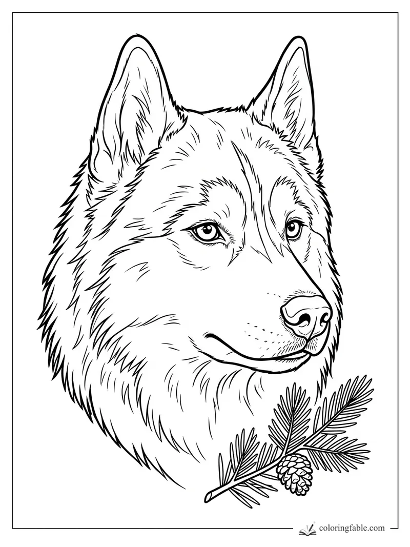 Realistic husky head with alert ears, bright eyes, thick fur, and a pine branch with a small cone.