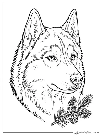 Realistic husky head with alert ears, bright eyes, thick fur, and a pine branch with a small cone.